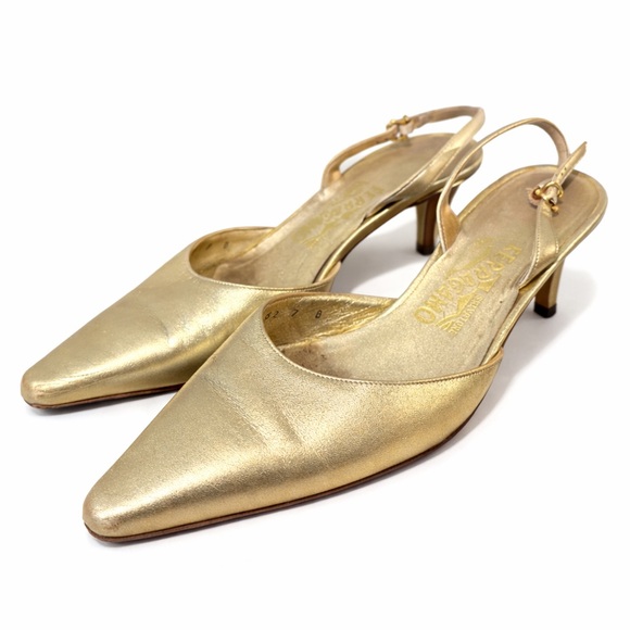 Salvatore Ferragamo Women’s Shimmer Beige Gold Sling Back Heels Pumps Size 7
